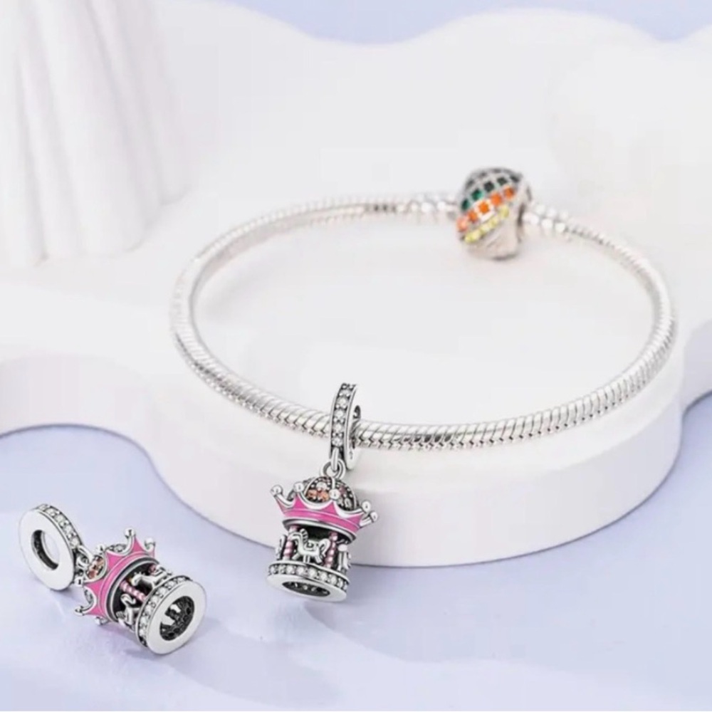 925 Charming Pink and Silver Carousel Charm Pendant - Picture 4 of 7